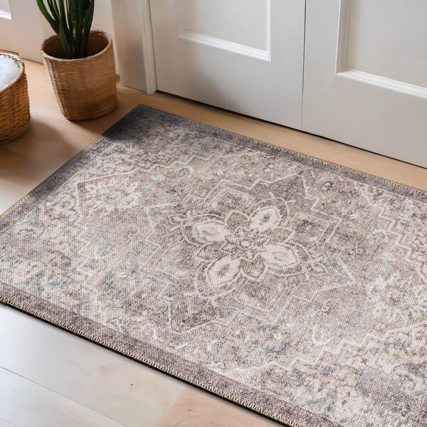 World Rug Gallery Beige Floral Medallion Washable Rug - Low Pile, Non-Slip 2 ft x 3 ft WR174BEIGE2X3 - main