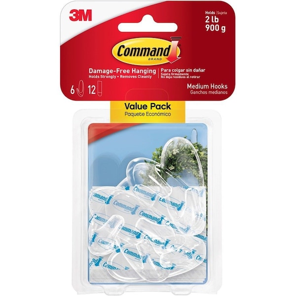 Command Adhesive Hook, 2 lb, 6-Hook, Plastic, Clear 17091CLR-VP - main