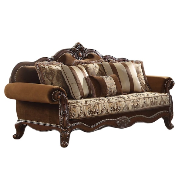 Homeroots 37" Oak Velvet Floral Sofa And Toss Pillows With Espresso Legs 348213 - main