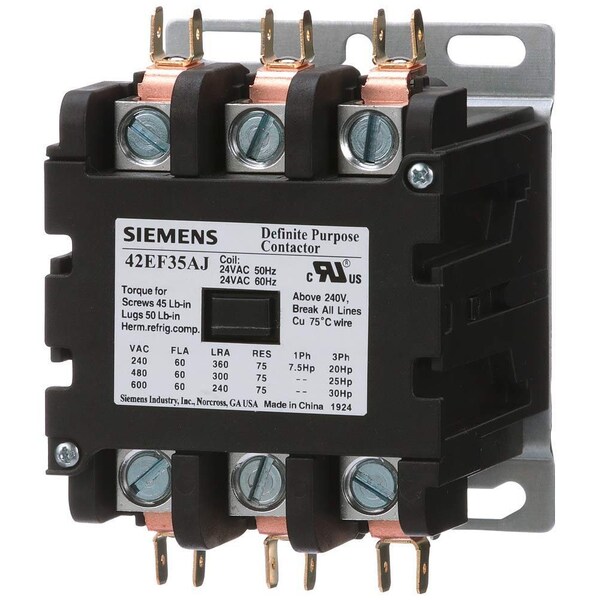 Siemens Class 42 DP 60A 3-Pole Definite Purpose Contactor, 120V Coil, Open Type 42EF35AF - main