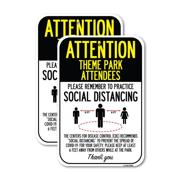 Signmission Attention Theme Park Attendees Practice Social Distanci, 18'' X 24'', Heavy Gauge Aluminum, 2PK A-1824-2PACK-25356 - main