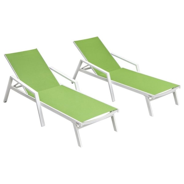 Leisuremod Marlin Patio Chaise Lounge Chair with Armrests in White Aluminum Frame, Green, 2PK MLAW-77G2 - main