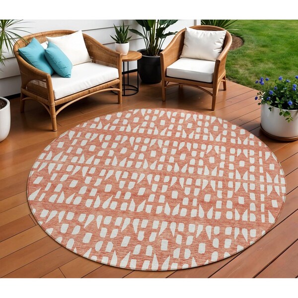 Homeroots 8' Salmon And Ivory Round Geometric Washable Indoor Outdoor Area Rug 613803 - main