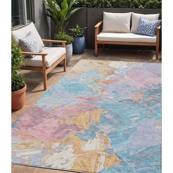 Homeroots 5' X 8' Teal Blue Gold And Pink Abstract Washable Indoor Outdoor Area Rug 618557 - main