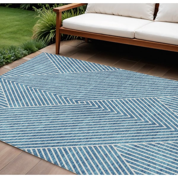 Homeroots 9' X 12' Teal Blue And Ivory Geometric Washable Indoor Outdoor Area Rug 612146 - main