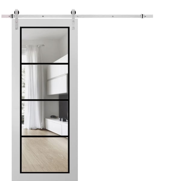 Sartodoors Sturdy Barn Door Clear Tempered Glass, Lucia 2466 White Silk and Aluminum Strips, 6.6FT Silver Rai LUCIA2466BD-S-WS-36 x 96 - main