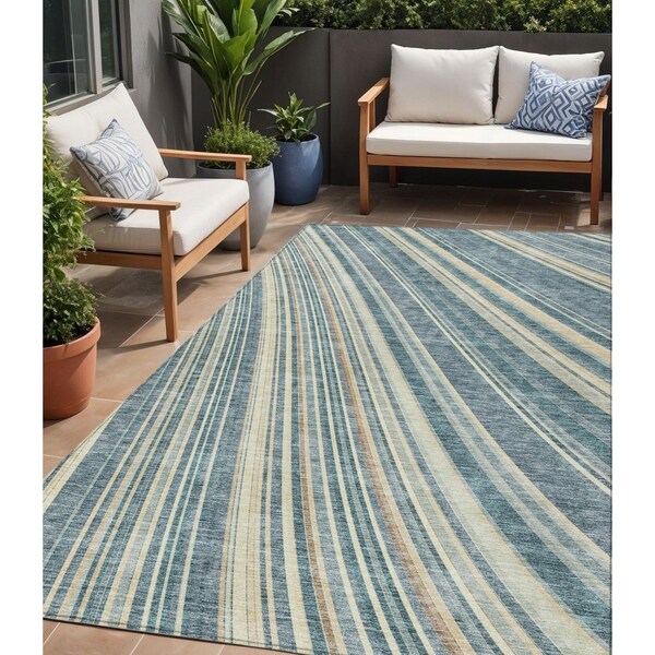 Homeroots 5' X 8' Sky Blue Beige And Tan Striped Washable Indoor Outdoor Area Rug 615008 - main
