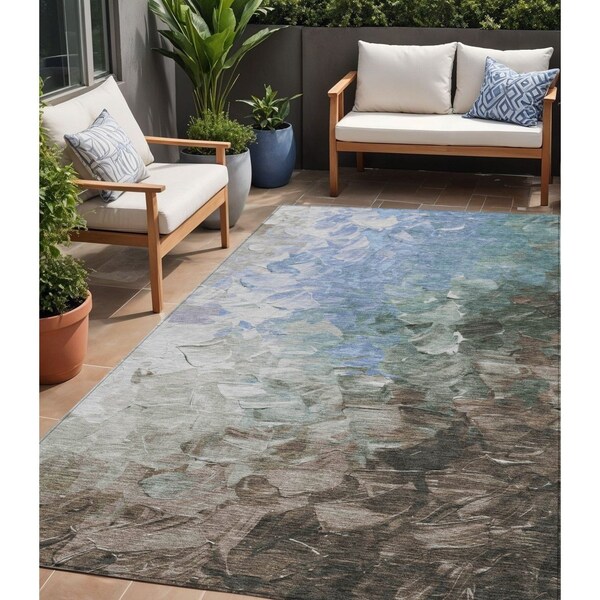 Homeroots 5' X 8' Denim Blue Taupe And Ivory Abstract Washable Indoor Outdoor Area Rug 617348 - main