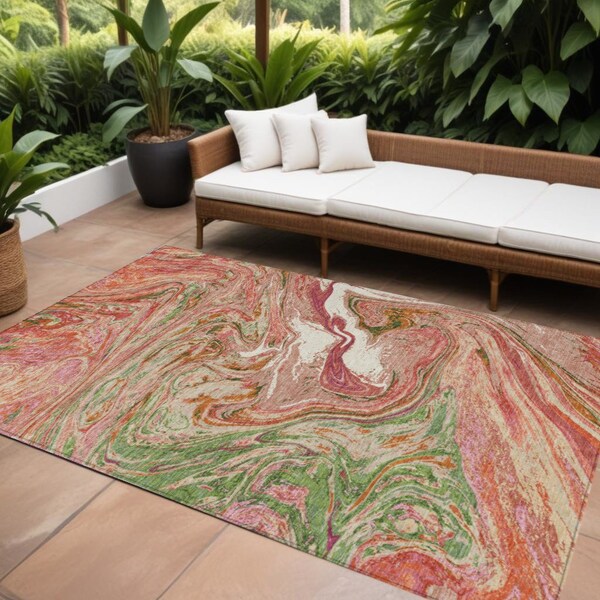 Homeroots 9' X 12' Coral Green And Ivory Abstract Washable Indoor Outdoor Area Rug 602621 - main