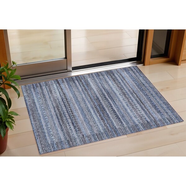 Homeroots 3' X 5' Blue And Charcoal Striped Washable Indoor Outdoor Area Rug 631485 - main