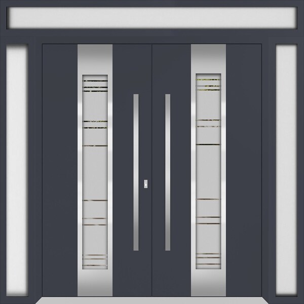 Vdomdoors Metal Double Doors Deux 0757 Gray Graphite Frosted Glass 2 Sidelights and Top Transom Entry Modern DEUX0757DEXD-GRE-W14+72+14xH96+12-LH-O - main