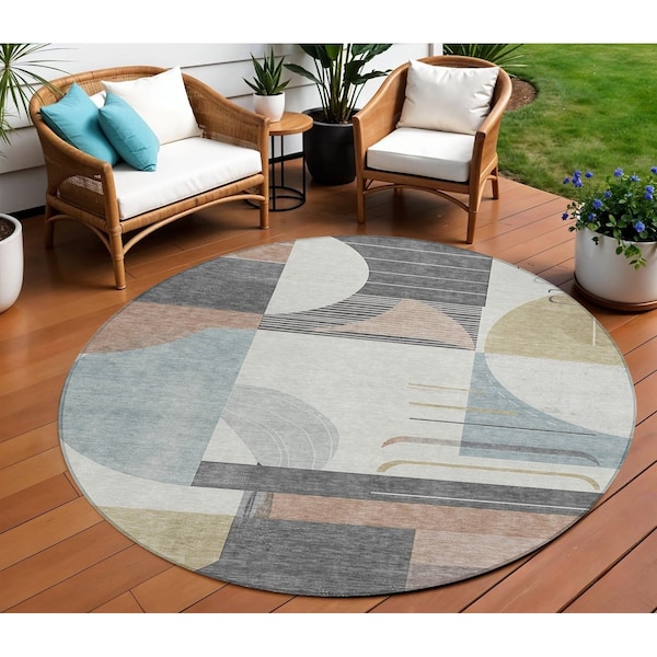 Homeroots 8' Rust Gray And Ivory Round Geometric Washable Indoor Outdoor Area Rug 617994 - main
