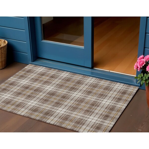 Homeroots 3' X 5' Brown Beige And Gold Plaid Washable Indoor Outdoor Area Rug 597093 - main