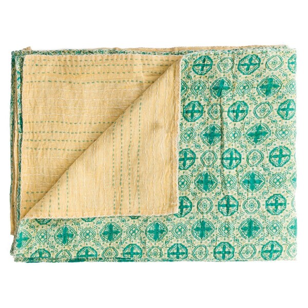 Homeroots 50" X 70" Green and Ivory Kantha Cotton Geometric Throw Blanket with Embroidery 328231 - main