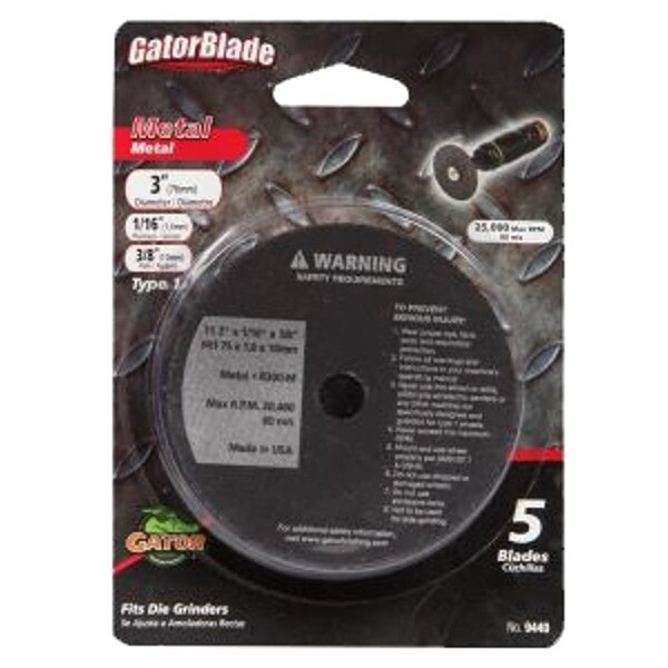 Gator Abrasive Cut-Off Wheel, 3 in Dia, 1/16 in Thick, 3/8 in Arbor Hole Size, Fiberglass 9440GA - main
