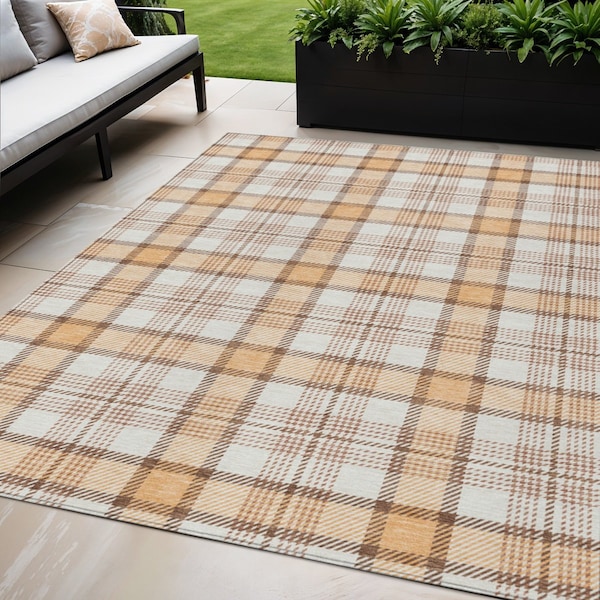 Homeroots 5' X 8' Peach And Beige Plaid Washable Indoor Outdoor Area Rug 601345 - main