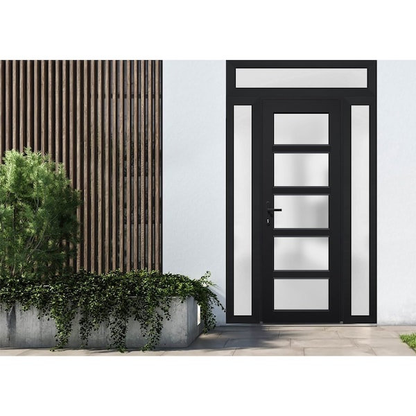 Vdomdoors Front Exterior Prehung FiberGlass Door Frosted Glass / Manux 8002 Matte Black / 2 Sidelight and Tra MANUX8002EXD-BLK-W14+36+14 x H80+14-RH - main
