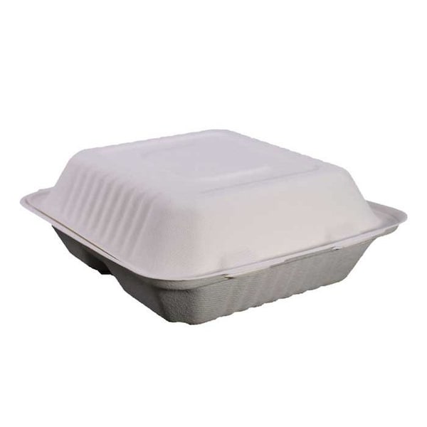 Kitch 24/7 Disposables White Compostable 3 Compartment Molded Fiber Hinged Container, 8 x 8 inch, 200PK KC-8X8-3CHC-NPAW - main