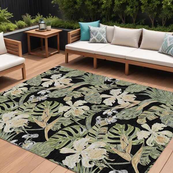 Homeroots 8' X 10' Black Beige And Fern Green Botanical Leaves Washable Indoor Outdoor Area Rug 618391 - main