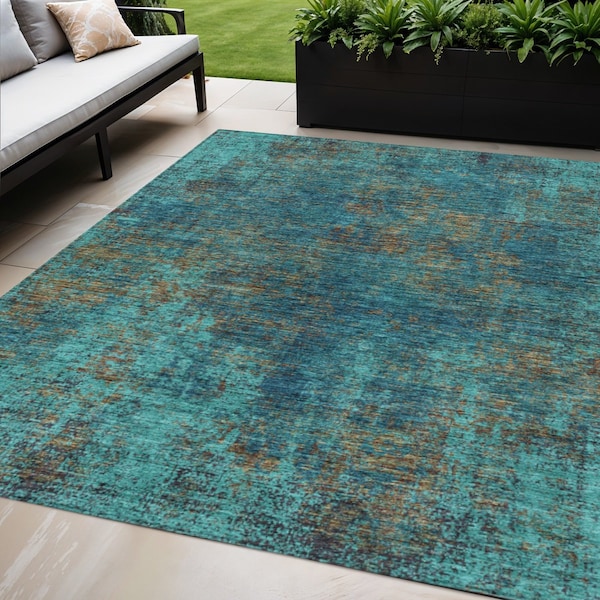 Homeroots 5' X 8' Teal Blue Navy Blue And Brown Abstract Washable Indoor Outdoor Area Rug 612365 - main