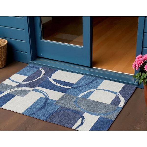 Homeroots 3' X 5' Blue And Ivory Geometric Washable Indoor Outdoor Area Rug 612569 - main