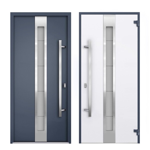 Vdomdoors Steel Door Deux 1717 Gray Graphite Transom Window Stainless Inserts Single Modern Painted-W36xH80+1 DEUX1717EXD-GRE-W36 x H80+16-Left-hand Inswing - main