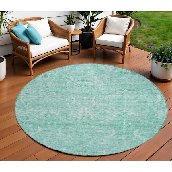 Homeroots 8' Aqua And Ivory Round Damask Washable Indoor Outdoor Area Rug 603355 - main