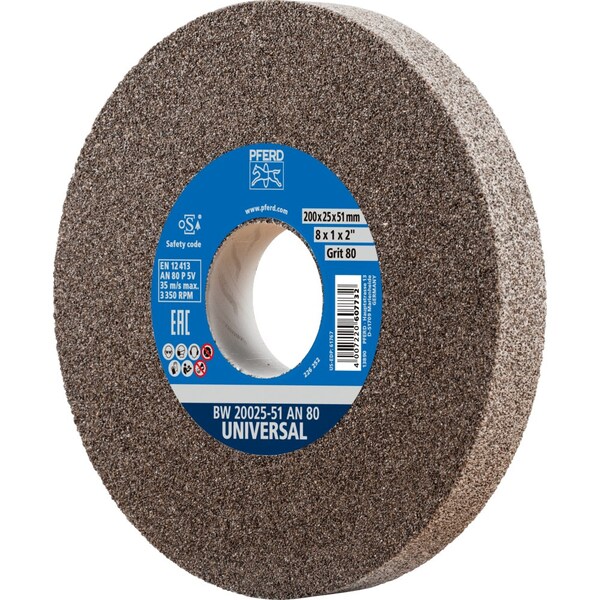 Pferd PFERD Vitrified Bench Wheel, UNIVERSAL, 8" x 1 x 2, 80 Grit, Aluminum Oxide 61767 - main