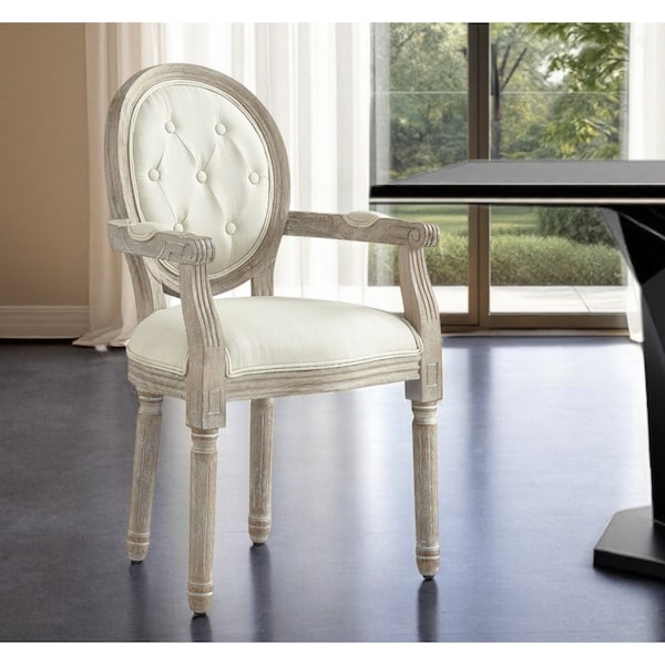 Homeroots Tufted Cream and Brown Upholstered Linen Dining Arm Chair 535371 - main