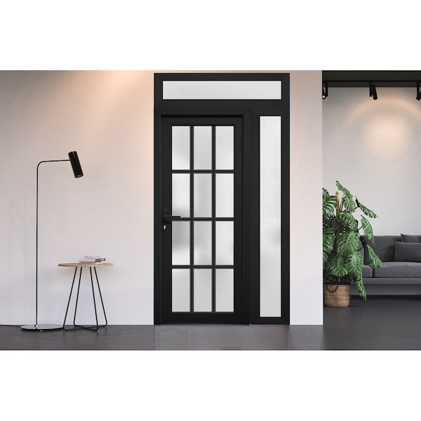 Vdomdoors Front Exterior Prehung FiberGlass Door Frosted Glass / Manux 8312 Matte Black / Sidelight and Trans MANUX8312EXD-BLK-W36+16 x H80+16-LH - main
