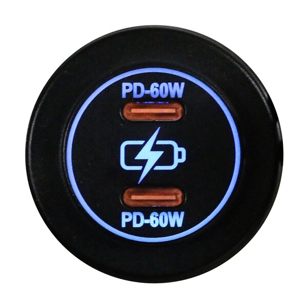 Race Sport Lighting Round Socket Auxiliary Charging Port with Dual C-Type PD 60W Outputs Blue Indigo LED and Cover RS51921B - main