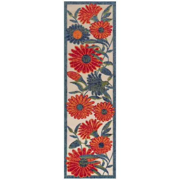 Homeroots 8' Ivory Orange Blue And Green Floral Indoor Outdoor Runner Rug 548048 - main