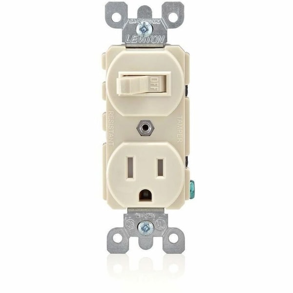 Leviton Tamper Resistant, Duplex Style Single-Pole/5-15R AC Combination Switch, 15A, 120V, Light Almond T5225-T - main