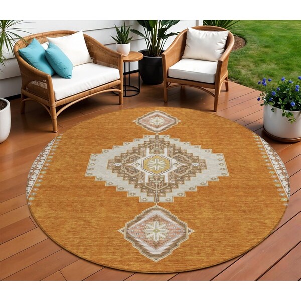 Homeroots 8' Copper Brown And Ivory Round Oriental Washable Indoor Outdoor Area Rug 598396 - main