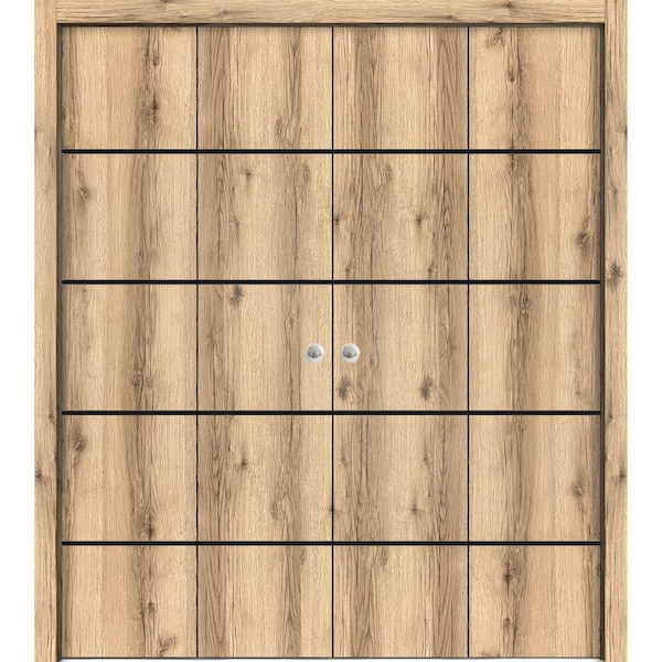 Sartodoors Sliding Closet Double Bi-fold Doors, Planum 0015 Oak and Aluminum Strips, Sturdy Tracks Moldings Tr PLANUM0015DBF-DUB-96 x 96 (4* 24x96) - main