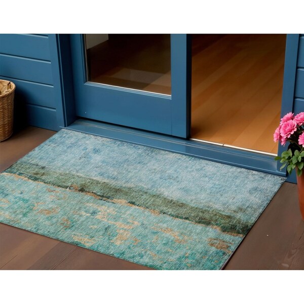 Homeroots 3' X 5' Blue And Gold Abstract Washable Indoor Outdoor Area Rug 578010 - main
