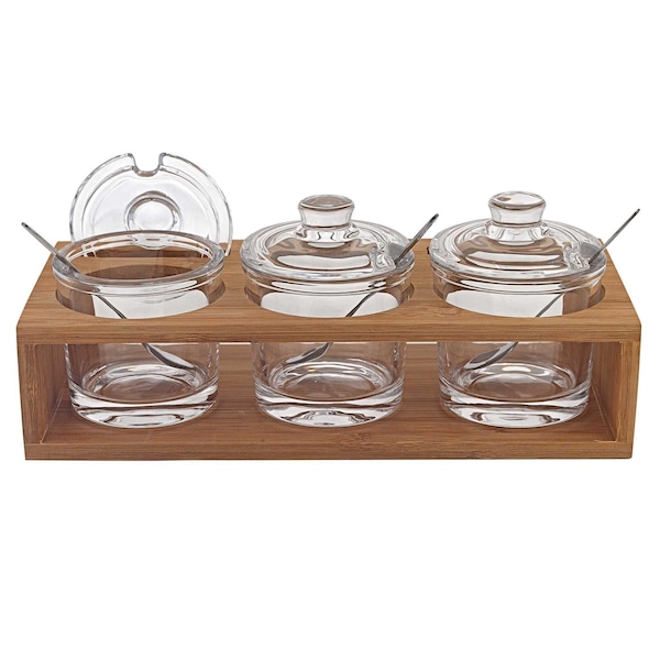 Homeroots 6 Mouth Blown Crystal Jam Set With 3 Glass Jars And Spoons On A Wood Stand 375725 - main