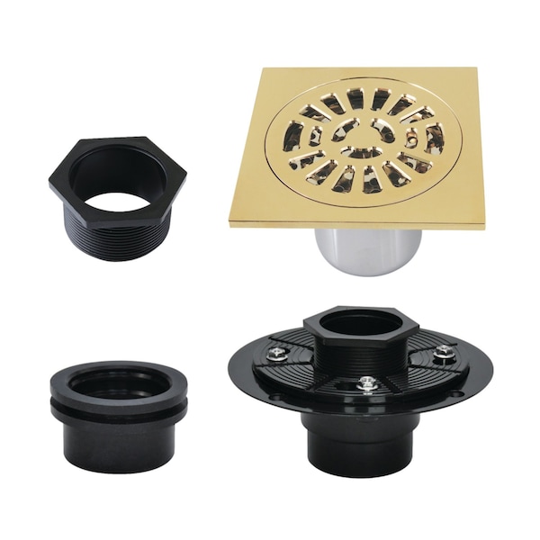 Kingston Brass 4" Brass Square Grid Shower Drain with Flange, Polished Brass BSFK4267PB - main