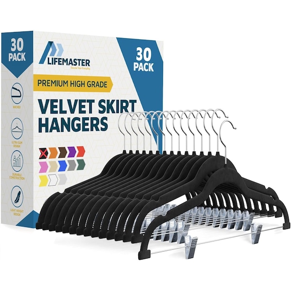 Lifemaster Velvet Skirt Hangers, Adjustable Clips, 360 Deg Swivel Hook, Non-Slip, Holds 10 lbs, Black, 30PK LMVSH30BK - main