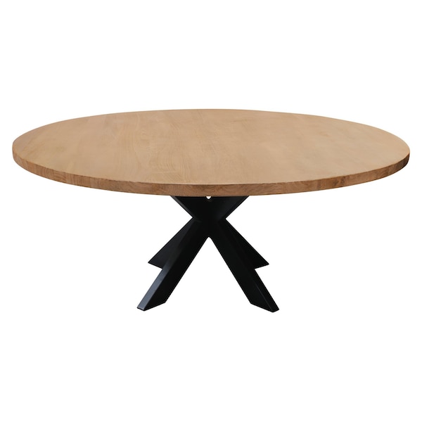 Homeroots 60" Natural And Black Rounded Solid Wood And Iron Pedestal Base Dining Table 563916 - main