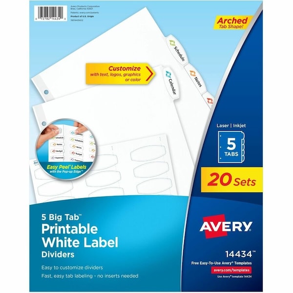 Avery reg Big Tab Printable White Label Dividers, White, 6PK AVE14434 - main