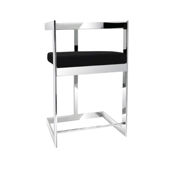 Homeroots 30" Black and Silver Velvet and Stainless Steel Low Back Bar Height Bar Chair 555070 - main
