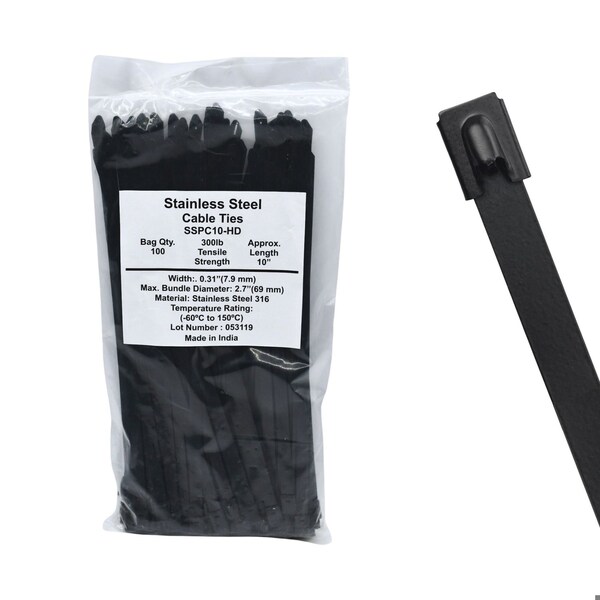 Cable Ties Unlimited Cable Tie, 10 in L, 300 lb Strength, 2.6 in Max Bundle Dia, Coated 316 Stainless Steel, Black, 100PK SSPCoated10-HD - main