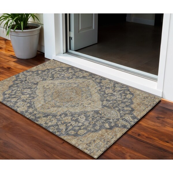 Homeroots 3' X 5' Charcoal Gray And Brown Oriental Washable Indoor Outdoor Area Rug 605229 - main