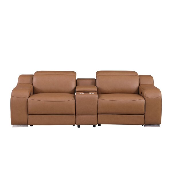 Homeroots 89in Cognac and Silver Italian Leather Power Reclining Loveseat With Storage 633759 - main
