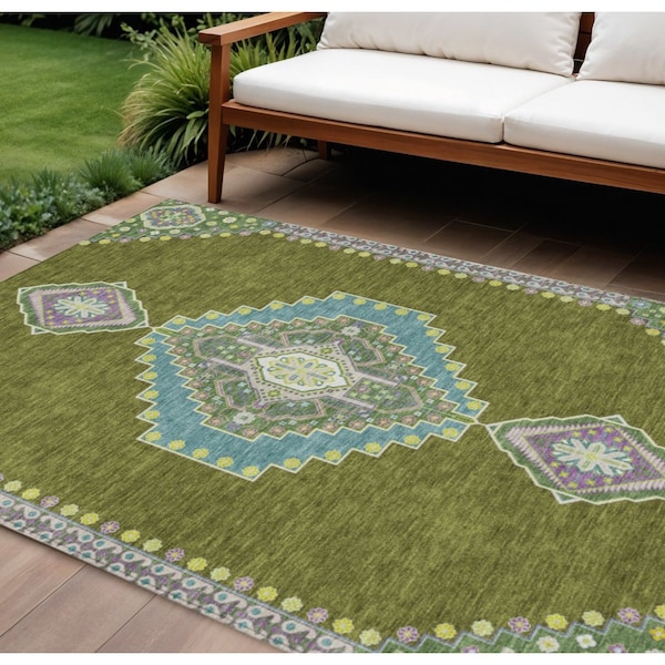 Homeroots 9' X 12' Olive Green Pink And Ivory Oriental Washable Indoor Outdoor Area Rug 598434 - main