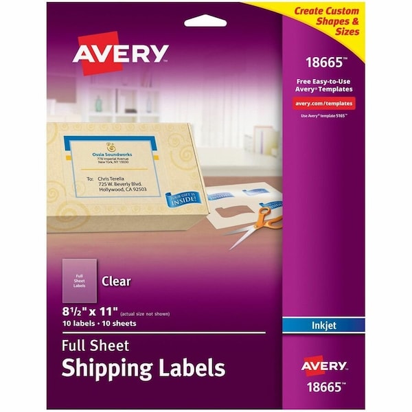 Avery Label, 1-Up, Ep, Ij, 10Pk, Clr AVE18665 - main