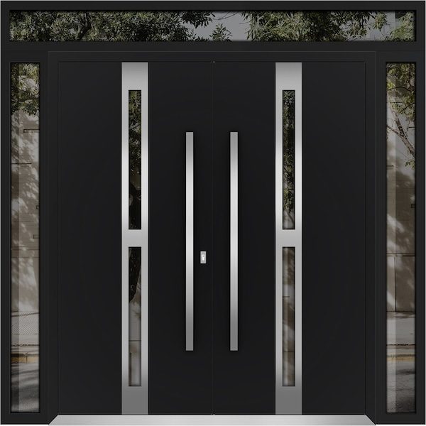 Vdomdoors Metal Double Doors Deux 1755 Black Enamel Opaque Black Glass 2 Sidelights and Top Transom Entry Mod DEUX1755DEXD-BLK-W16+72+16xH96+12-LH-O - main