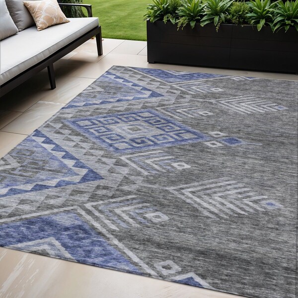 Homeroots 5' X 8' Pewter And Blue Southwestern Washable Indoor Outdoor Area Rug 603558 - main