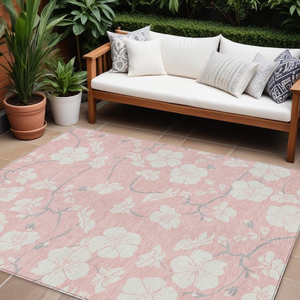 Homeroots 9' X 12' Pink Ivory And Gray Floral Washable Indoor Outdoor Area Rug 599908 - main